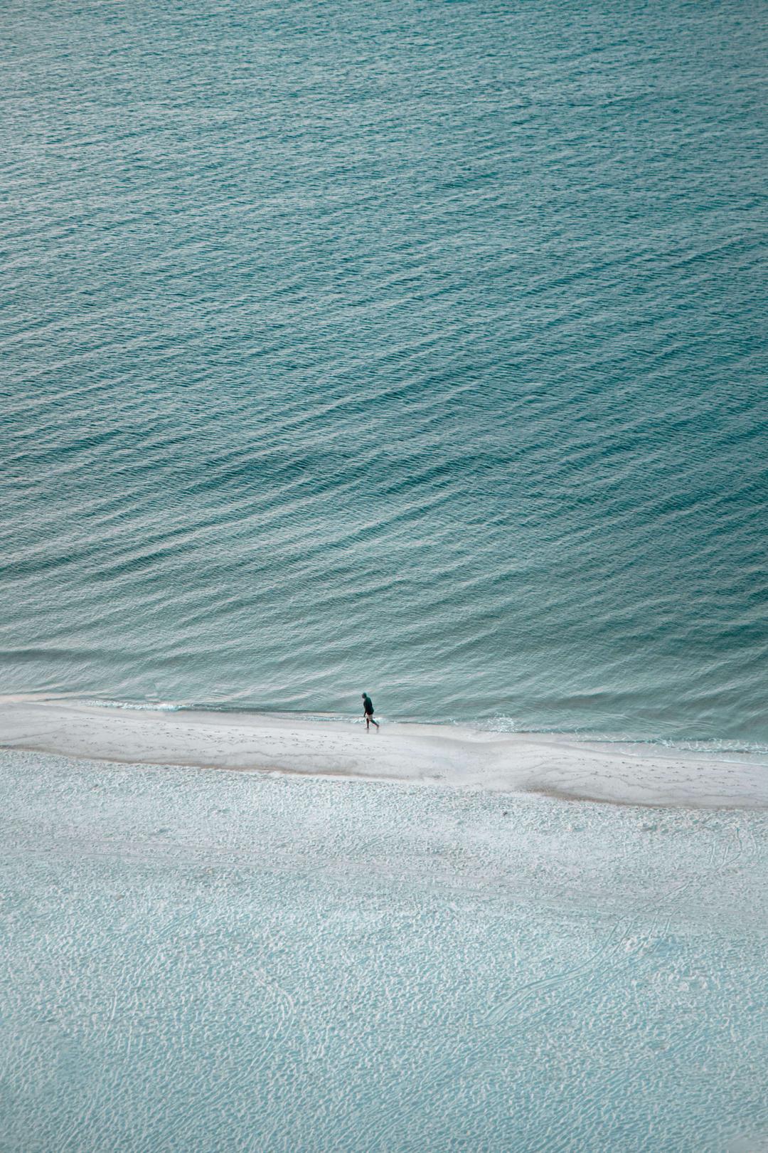 Birds eye view photograph of a beach with a small, lone figure walking along the coast. 