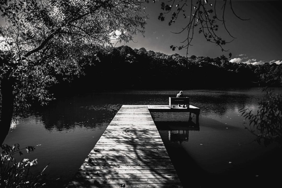 Black and white photograph of a lake